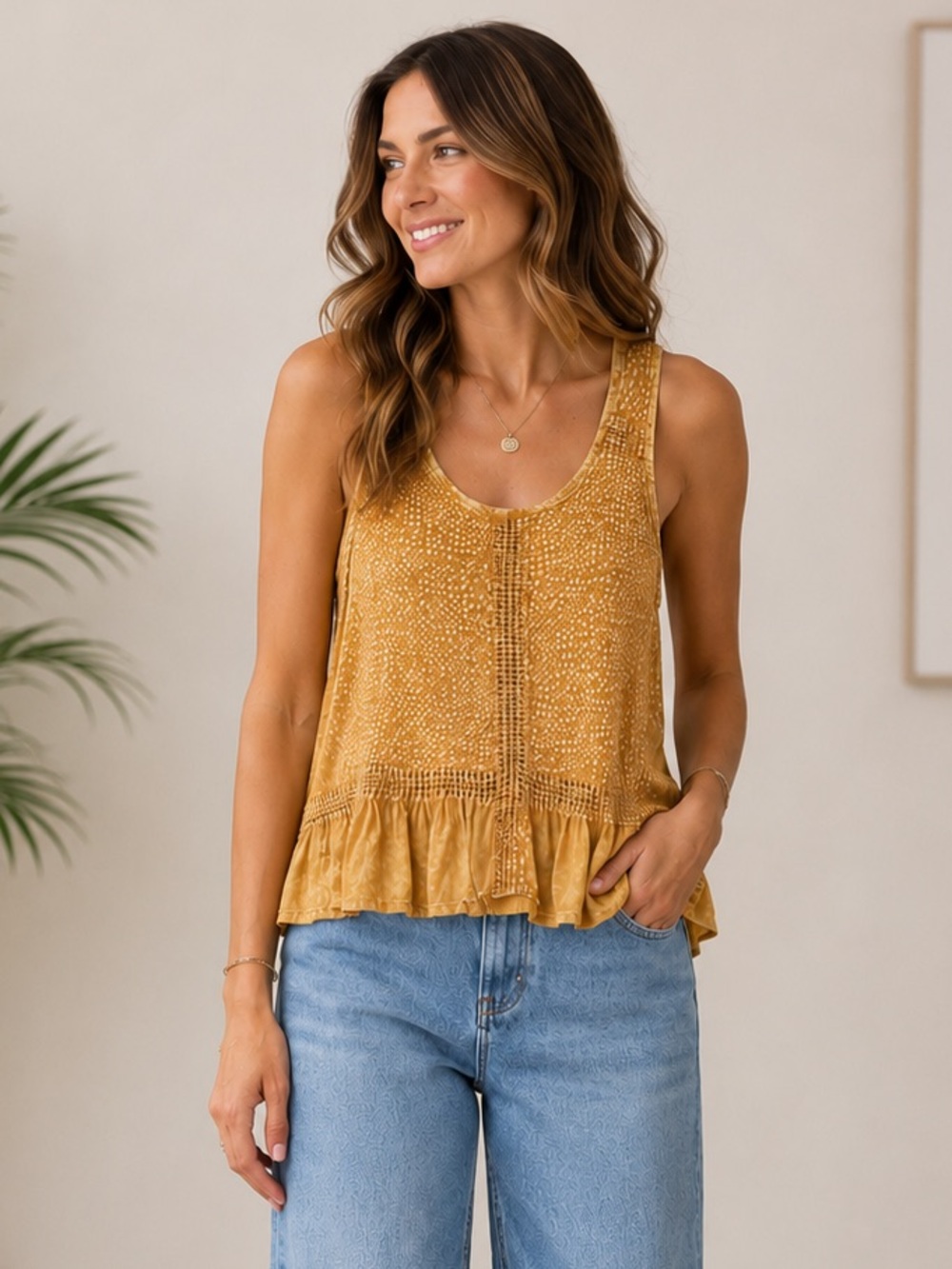 Eri + Ali Anthropologie Mustard Crochet Trim Peplum Tank‎ Top Large